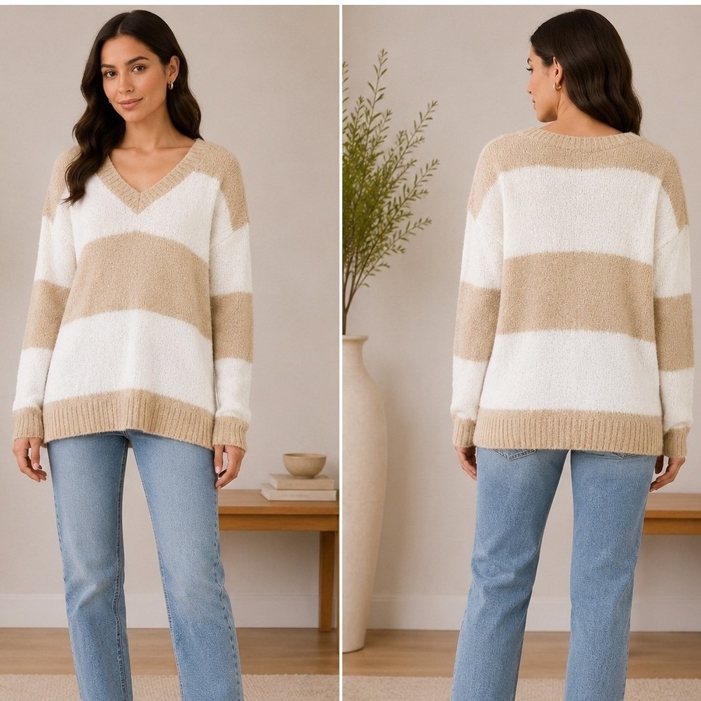 Aerie Sweater Women‎ Small Tan White Striped V-Neck Oversized Fuzzy Knit Cozy